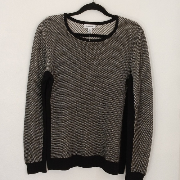 Calvin Klein Women's Black/White Textured Crewneck Sweatshirt Ribbed Sides Large - Picture 1 of 5